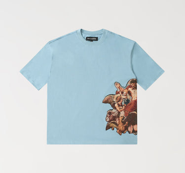 Art Tapestry And Embroidered Short Sleeve Tee - Light Blue