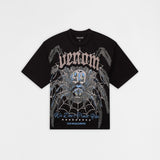 A black short-sleeve graphic t-shirt featuring a large spider design with the word 'Venom' in a gothic font, on a light gray background.