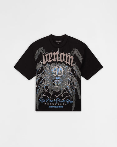 A black short-sleeve graphic t-shirt featuring a large spider design with the word 'Venom' in a gothic font, on a light gray background.