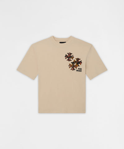 CROSSED DISTRESSED HEM TEE