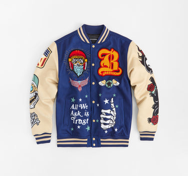 Born Free Chenille Patched Varsity Jacket - Navy