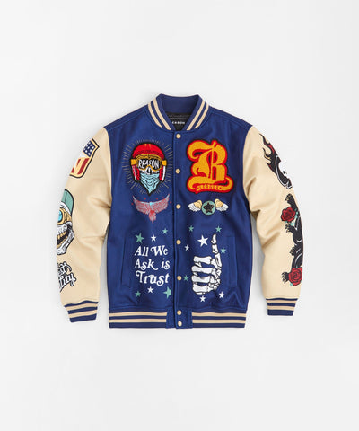 Born Free Chenille Patched Varsity Jacket - Navy