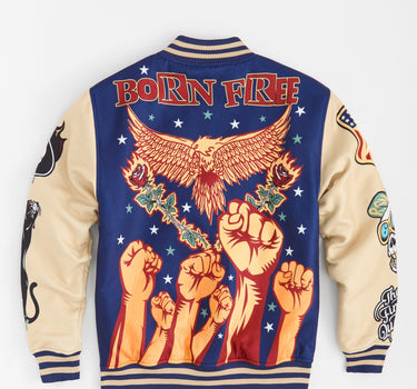 Born Free Chenille Patched Varsity Jacket - Navy