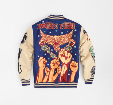 Born Free Chenille Patched Varsity Jacket - Navy