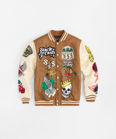 Cash Chenille Patched Varsity Jacket - Brown