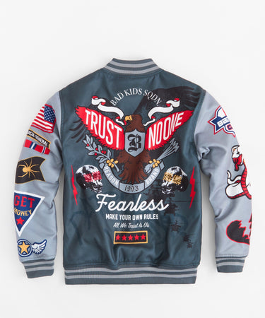 Fearless Chenille Patched Varsity Jacket - Grey