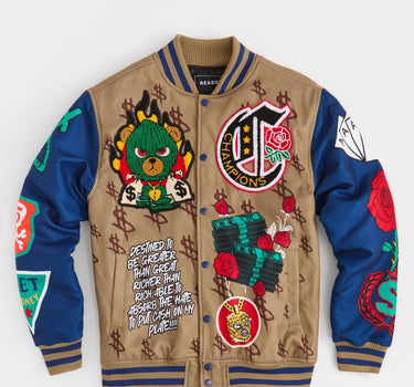 Paper Chaser Chenille Patched Varsity Jacket - Khaki