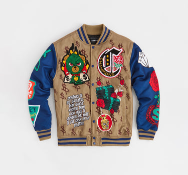 Paper Chaser Chenille Patched Varsity Jacket - Khaki