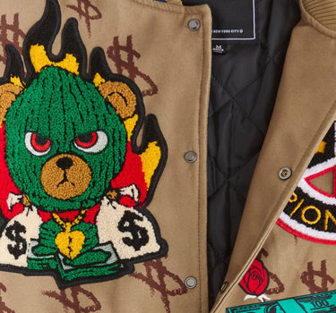 Paper Chaser Chenille Patched Varsity Jacket - Khaki