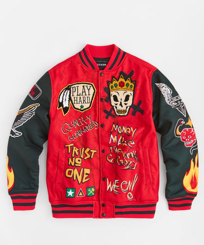 Work Hard Chenille Patched Varsity Jacket - Red