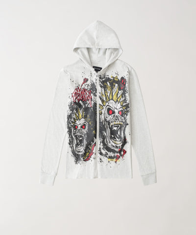 Beware Embroidered Skull Hoodie - Grey