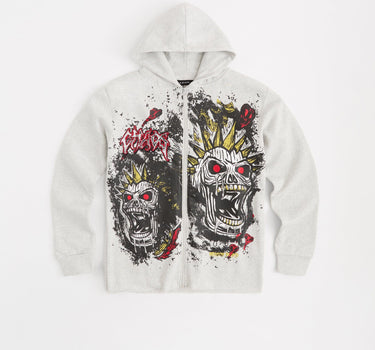 Beware Embroidered Skull Hoodie - Grey