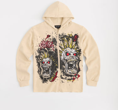 Beware Embroidered Skull Hoodie - Khaki