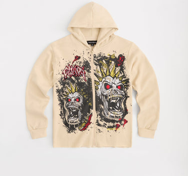 Beware Embroidered Skull Hoodie - Khaki