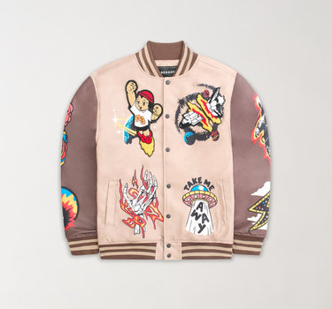 Beyond Reality Embroidered Varsity Jacket - Khaki