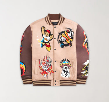 Beyond Reality Embroidered Varsity Jacket - Khaki