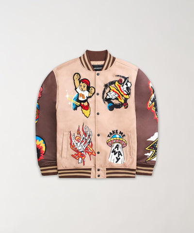 Beyond Reality Embroidered Varsity Jacket - Khaki