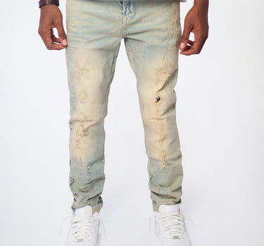 Ladder Distressed Skinny Jeans - Light Blue