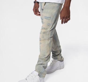 Light Wash Repaired Denim Jeans - Blue