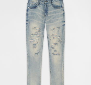 Light Wash Repaired Denim Jeans - Blue