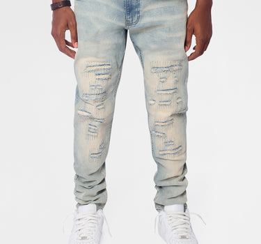 Light Wash Repaired Denim Jeans - Blue