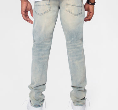 Light Wash Repaired Denim Jeans - Blue