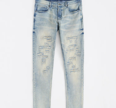 Light Wash Repaired Denim Jeans - Blue