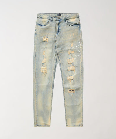 Rhinestone Washed Denim Jeans - Blue