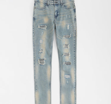 Skinny Fit Rhinestone Denim Jeans - Dark Blue