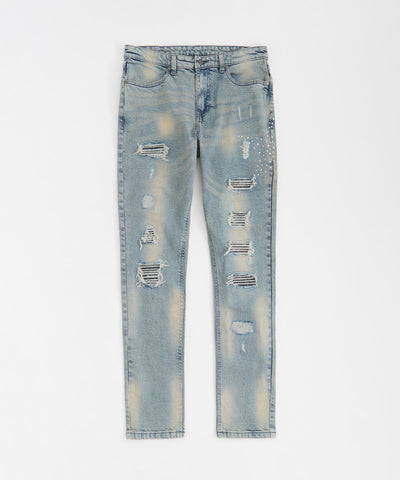 Rhinestone Washed Denim Jeans - Dark Blue