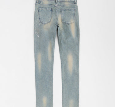 Skinny Fit Rhinestone Denim Jeans - Dark Blue