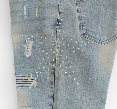 Skinny Fit Rhinestone Denim Jeans - Dark Blue