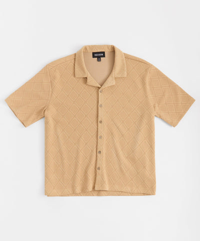 Textured Knit Short Sleeve Button Down Shirt - Taupe