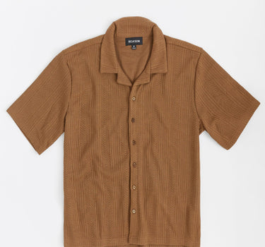 Jacquard Textured Knit Short Sleeve Button Down Shirt - Green