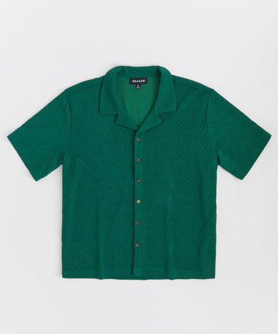 Jacquard Textured Knit Short Sleeve Button Down Shirt - Green
