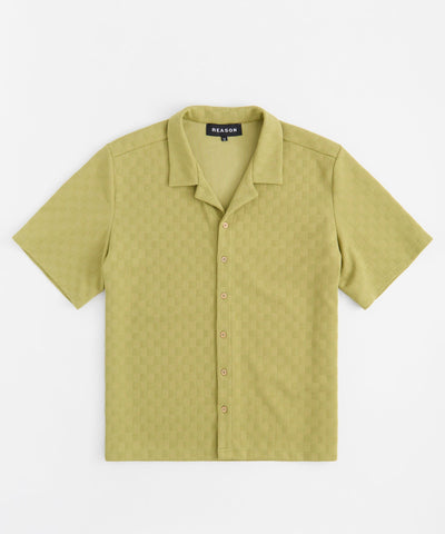 Jacquard Textured Knit Short Sleeve Button Down Shirt - Olive Green