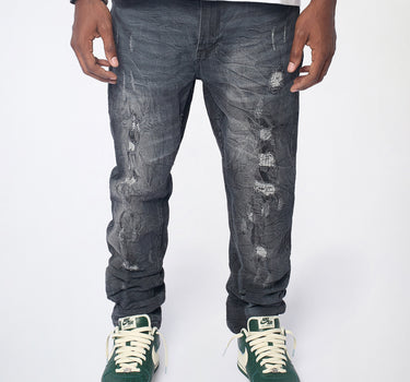 Crinkle Wash Distressed Skinny Jeans - Black