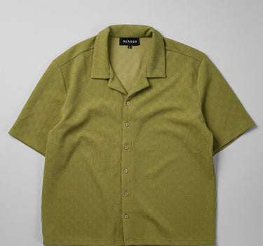 Jacquard Textured Knit Short Sleeve Button Down Shirt - Green