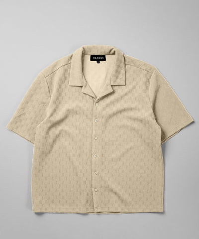 Textured Knit Short Sleeve Button Down Shirt - Beige