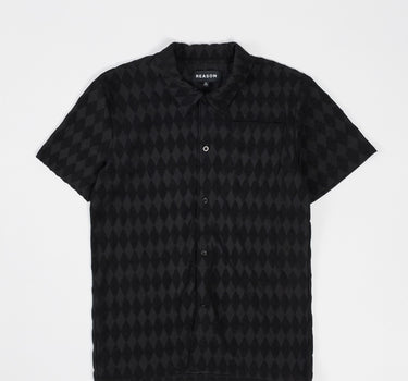 Diamond Plate Towel Color Blocked Short Sleeve Button Down Shirt - Black