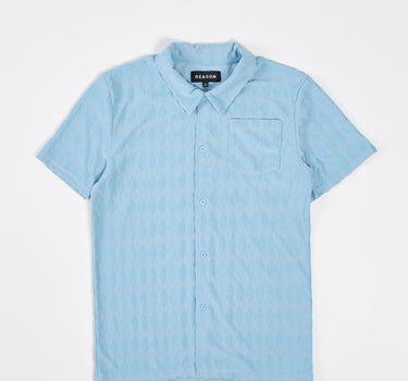 Diamond Plate Towel Color Blocked Short Sleeve Button Down Shirt - Light Blue