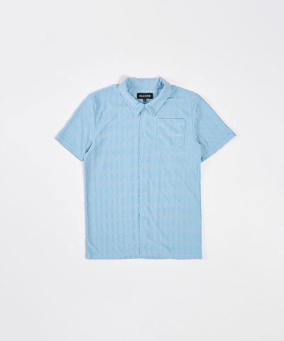 Diamond Plate Towel Color Blocked Short Sleeve Button Down Shirt - Light Blue