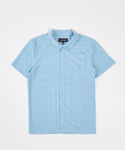Diamond Plate Towel Color Blocked Short Sleeve Button Down Shirt - Light Blue