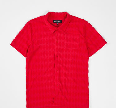 Diamond Plate Towel Color Blocked Short Sleeve Button Down Shirt - Red