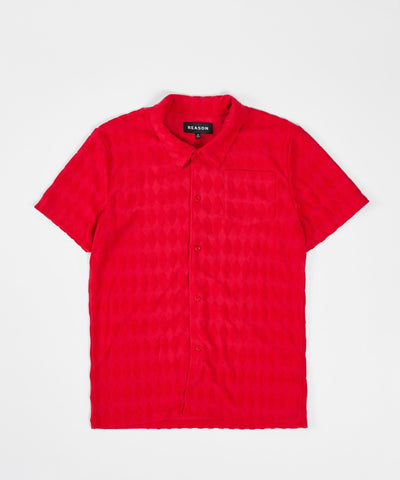 Diamond Plate Towel Color Blocked Short Sleeve Button Down Shirt - Red