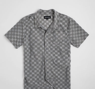 Checkerboard Towel Color Blocked Short Sleeve Button Down Shirt - Grey