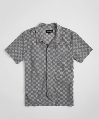 Checkerboard Towel Color Blocked Short Sleeve Button Down Shirt - Grey
