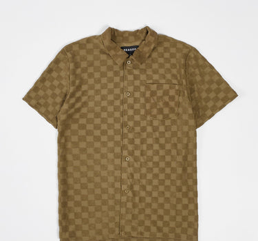 Checkerboard Towel Color Blocked Short Sleeve Button Down Shirt - Brown