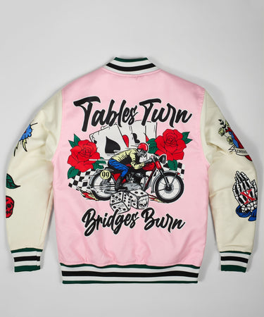 Bridges Burn Chenille Patched Varsity Jacket - Pink