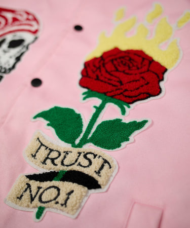 Bridges Burn Chenille Patched Varsity Jacket - Pink